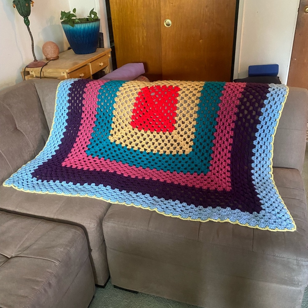 Vintage Colorful Handmade Crochet Blanket 52” x 52”